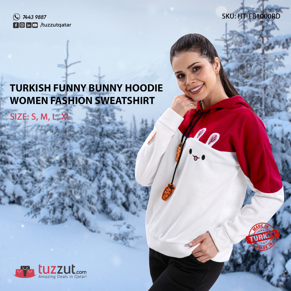 Turkish Funny Bunny Hoodie Women Fashion Sweatshirt - Red Turkish Funny Bunny Hoodie Women Fashion Sweatshirt - Red