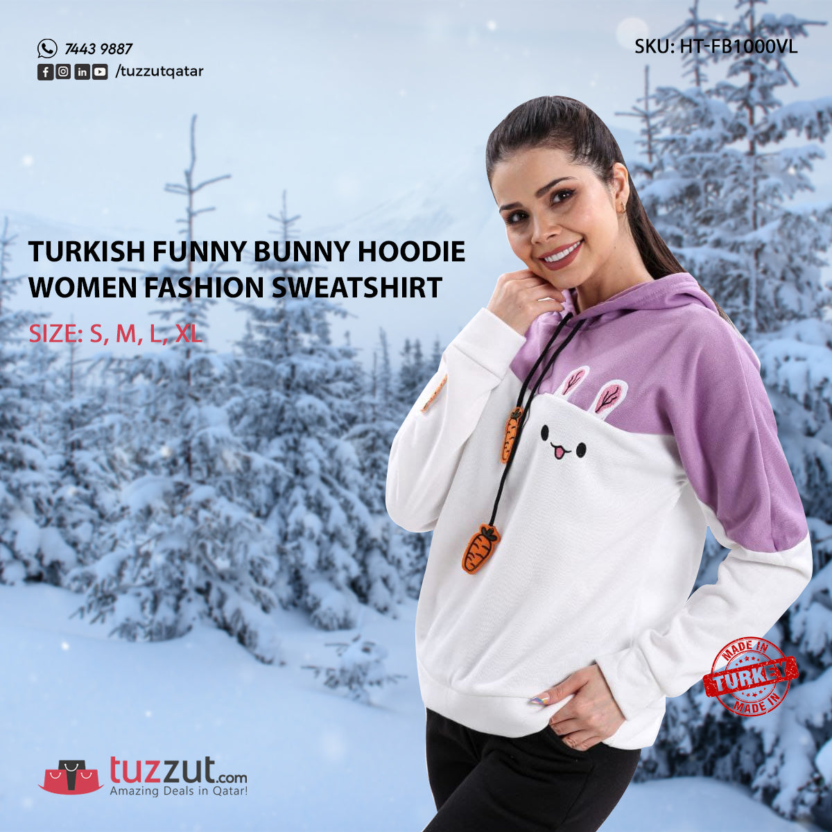 Turkish Funny Bunny Hoodie Women Fashion Sweatshirt - Violet Turkish Funny Bunny Hoodie Women Fashion Sweatshirt - Violet
