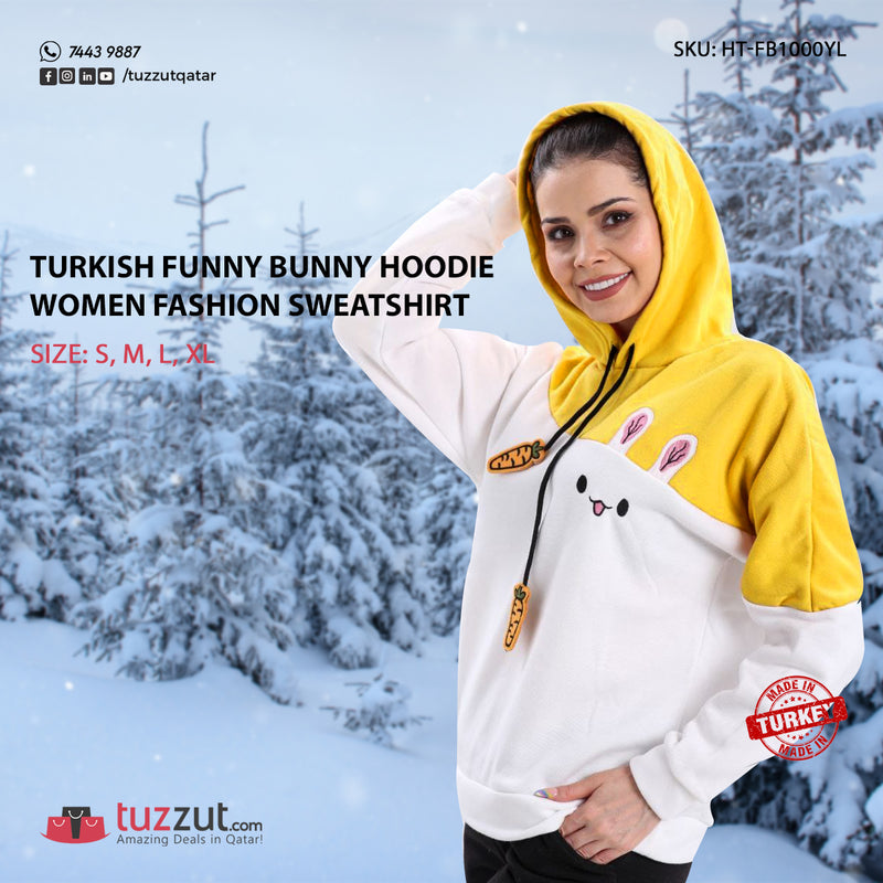 Turkish Funny Bunny Hoodie Women Fashion Sweatshirt - Yellow - Tuzzut.com Qatar Online Shopping