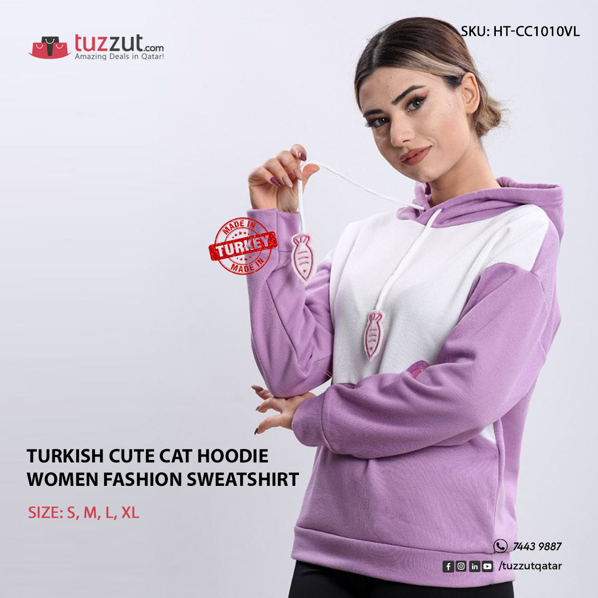 Turkish Cute Cat Hoodie Women Fashion Sweatshirt - Violet Turkish Cute Cat Hoodie Women Fashion Sweatshirt - Violet
