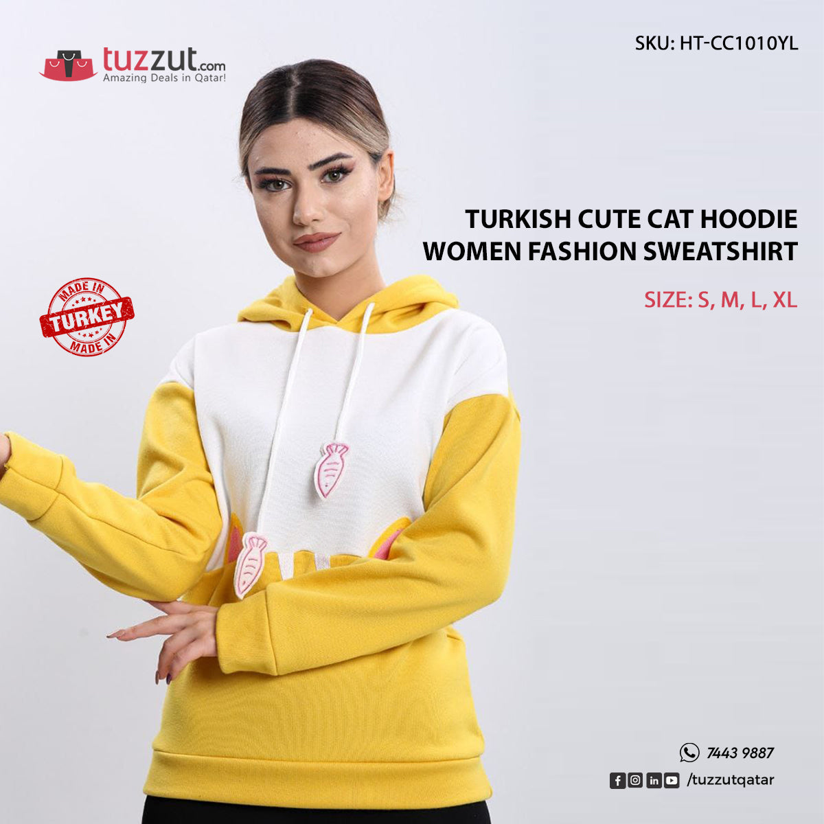 Turkish Cute Cat Hoodie Women Fashion Sweatshirt - Yellow Turkish Cute Cat Hoodie Women Fashion Sweatshirt - Yellow