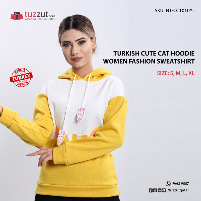 Turkish Cute Cat Hoodie Women Fashion Sweatshirt - Yellow - Tuzzut.com Qatar Online Shopping