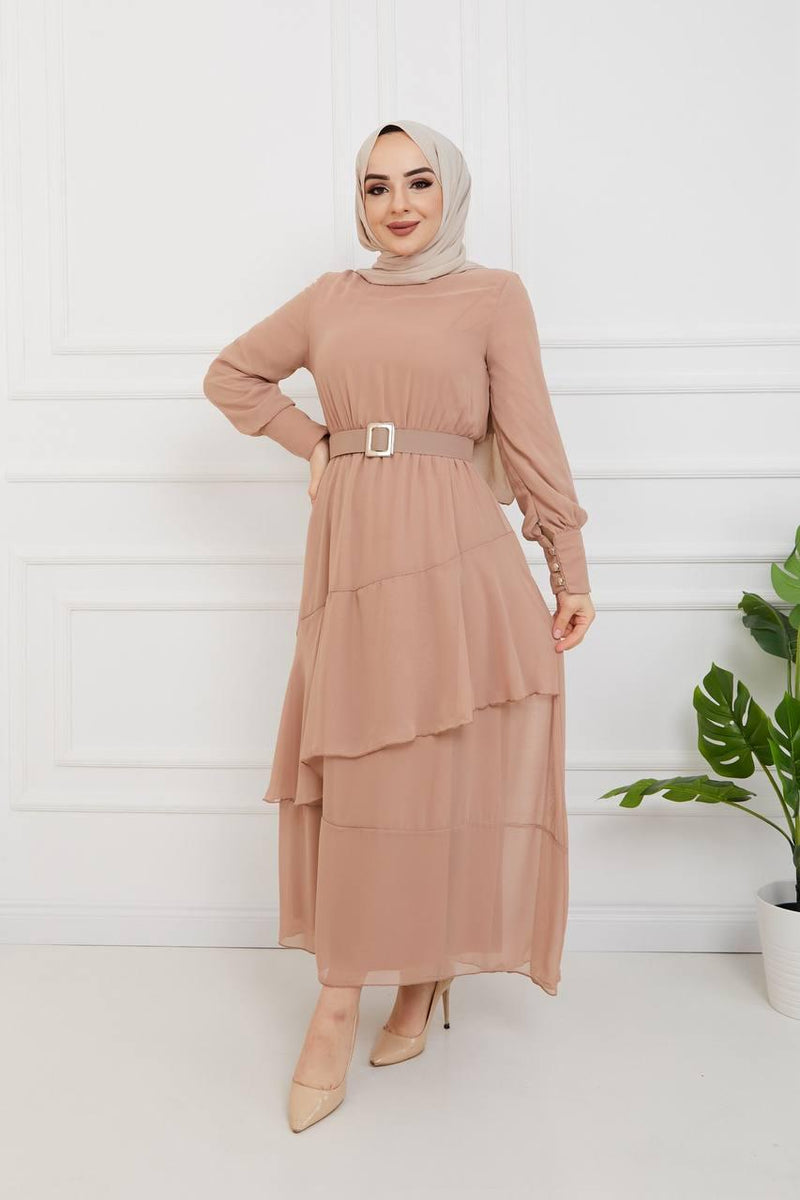 Efsun Moda Turkish Women's Chiffon Maxi Dress-178 Cream - Tuzzut.com Qatar Online Shopping