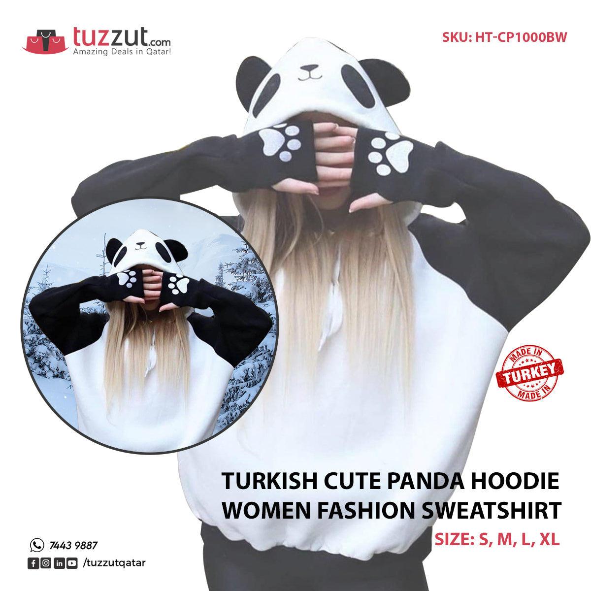 Turkish Cute Panda Hoodie Women Fashion Sweatshirt-Black & White Turkish Cute Panda Hoodie Women Fashion Sweatshirt-Black & White