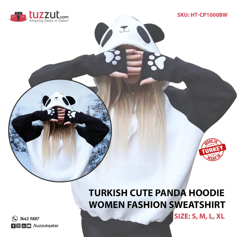 Turkish Cute Panda Hoodie Women Fashion Sweatshirt-Black & White - Tuzzut.com Qatar Online Shopping