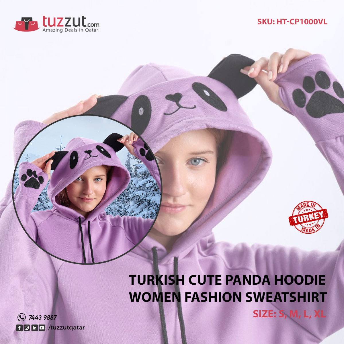 Turkish Cute Panda Hoodie Women Fashion Sweatshirt-Violet Turkish Cute Panda Hoodie Women Fashion Sweatshirt-Violet