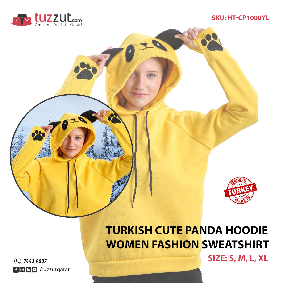 Turkish Cute Panda Hoodie Women Fashion Sweatshirt-Yellow Turkish Cute Panda Hoodie Women Fashion Sweatshirt-Yellow