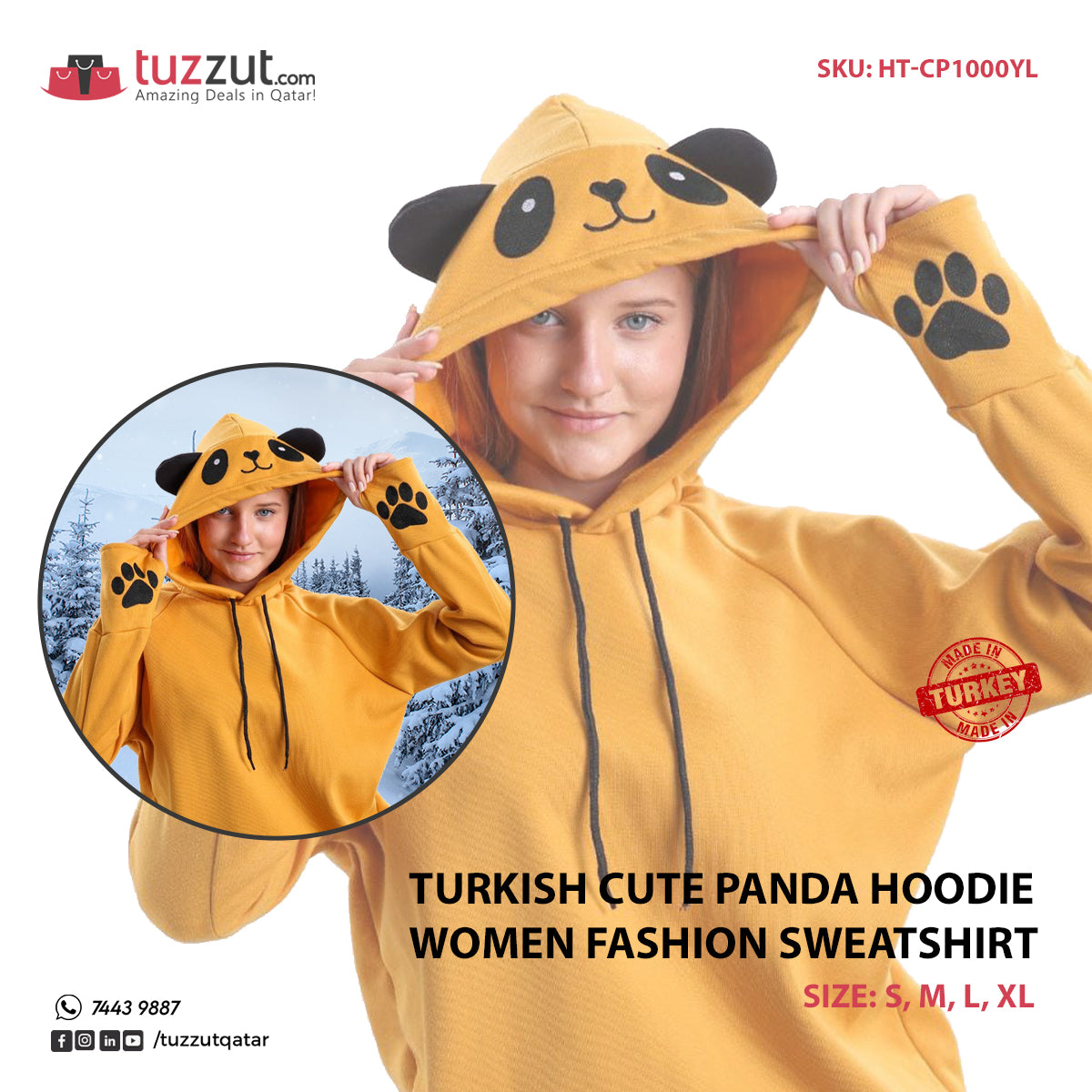 Turkish Cute Panda Hoodie Women Fashion Sweatshirt- Mustard Yellow Turkish Cute Panda Hoodie Women Fashion Sweatshirt- Mustard Yellow