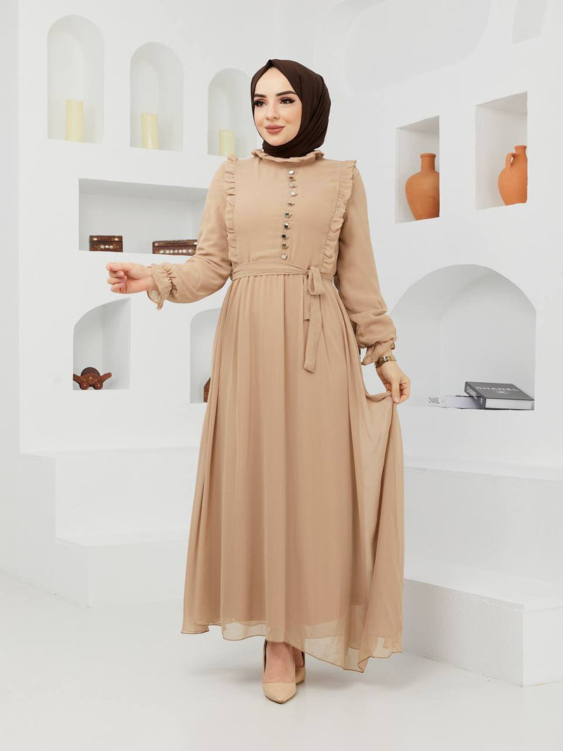 Efsun Moda Turkish Women's Chiffon Maxi Dress - 1202 Cream - Tuzzut.com Qatar Online Shopping