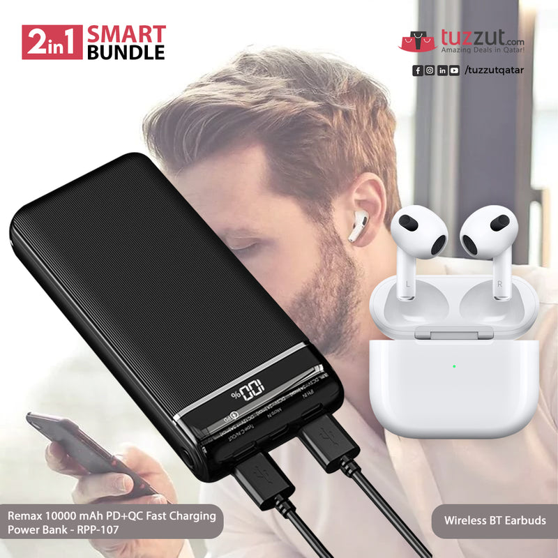2 in 1 Smart Combo (Wirless Bluetooth Earbuds + Remax RPP-107 10000mAh PD Fast Charging Power Bank) - Tuzzut.com Qatar Online Shopping