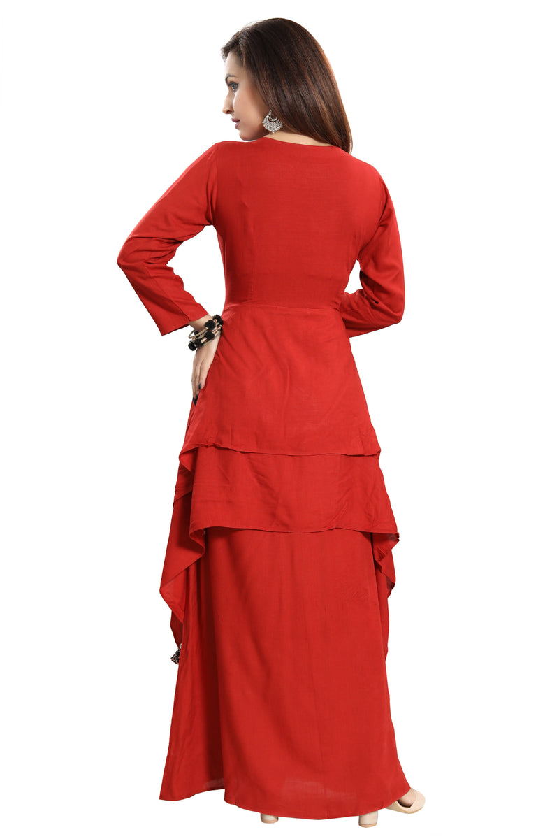 Women Red Layered Solid Maxi Dress - Tuzzut.com Qatar Online Shopping