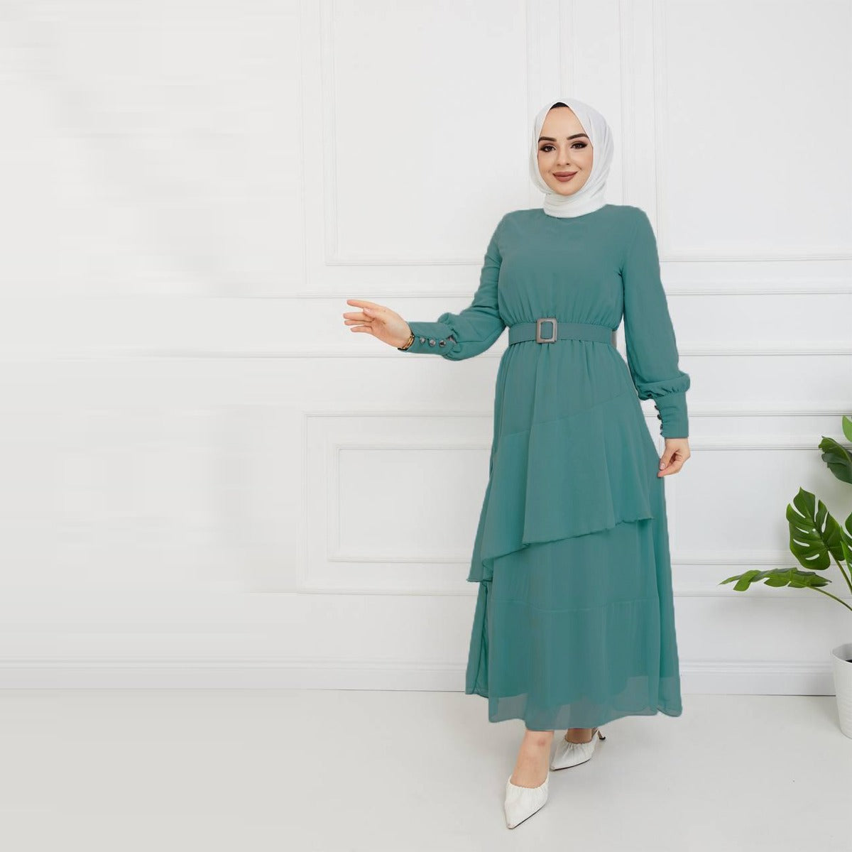 Efsun Moda Turkish Women's Chiffon Maxi Dress-178 Green Efsun Moda Turkish Women's Chiffon Maxi Dress-178 Green