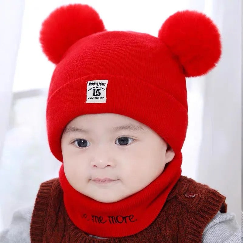 Winter Hat and Scarf Set Kids Winter Frozen Warm Baby Pompon Hat Knitted Hat Double Pompom Cute Letter Printing For Newborn Baby Size 150 Cm (S4609963 81)