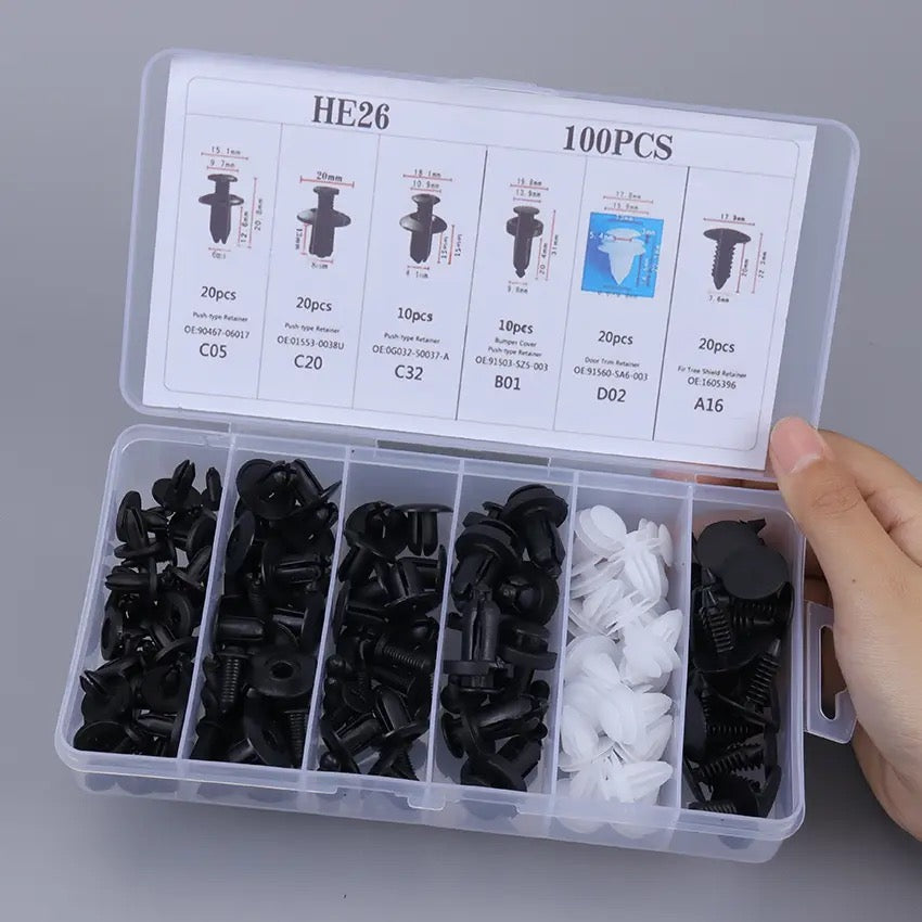 100pcs HE26 Car Bumper Retainer Clips & Nylon Fasteners Rivet Kit 100pcs HE26 Car Bumper Retainer Clips & Nylon Fasteners Rivet Kit