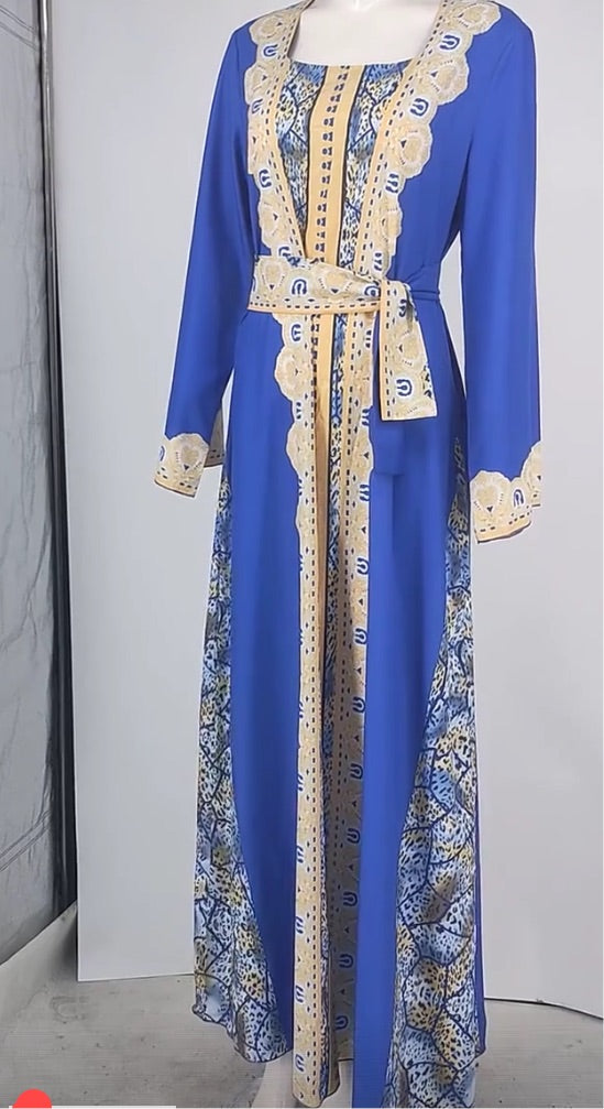 Moroccan Caftan Dubai Turkey Muslim Dress Women Blue Abaya Elegant Lady Islamic Clothing Jelaba Size XXL(S3695150 58) - Tuzzut.com Qatar Online Shopping
