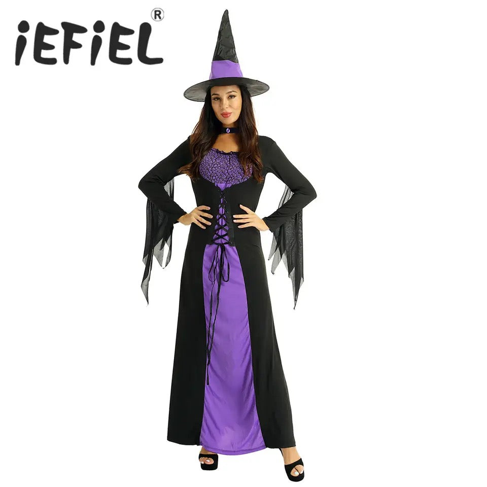 Women Halloween Witch Costume Carnival Party Cosplay Dress Up Clothes Long Sleeve Lace Up Classic Roleplay Dress Pointed Hat Size - M Women Halloween Witch Costume Carnival Party Cosplay Dress Up Clothes Long Sleeve Lace Up Classic Roleplay Dress Pointed Hat Size - M