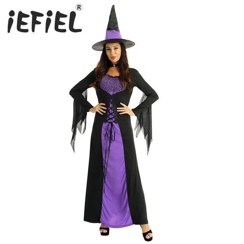 Women Halloween Witch Costume Carnival Party Cosplay Dress Up Clothes Long Sleeve Lace Up Classic Roleplay Dress Pointed Hat Size - M - Tuzzut.com Qatar Online Shopping