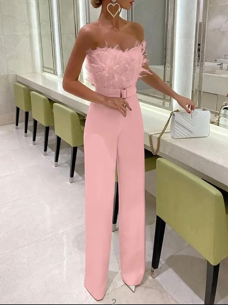 Elegant New Female Jumpsuit Feather Bra Sexy Birthday Club Wear White Maxi Pink Jumpsuit - Size M - S4413567 83 - HRK4001 - Tuzzut.com Qatar Online Shopping