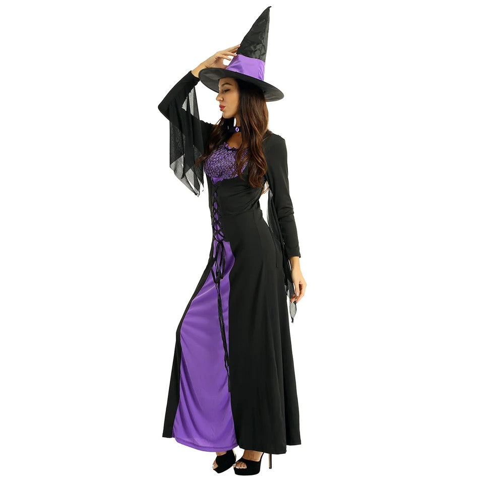 Women Halloween Witch Costume Carnival Party Cosplay Dress Up Clothes Long Sleeve Lace Up Classic Roleplay Dress Pointed Hat Size - M Women Halloween Witch Costume Carnival Party Cosplay Dress Up Clothes Long Sleeve Lace Up Classic Roleplay Dress Pointed Hat Size - M