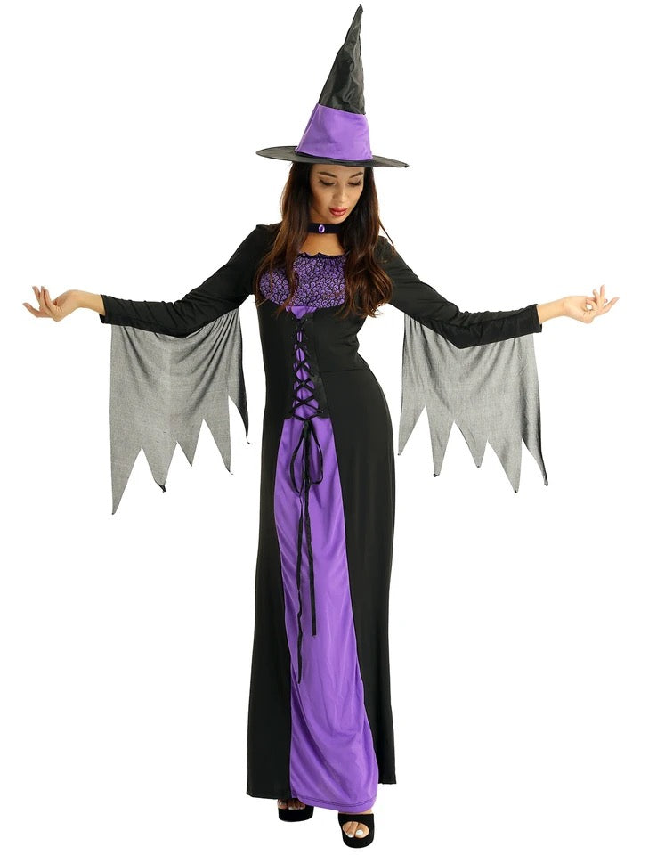 Women Halloween Witch Costume Carnival Party Cosplay Dress Up Clothes Long Sleeve Lace Up Classic Roleplay Dress Pointed Hat Size - M - Tuzzut.com Qatar Online Shopping