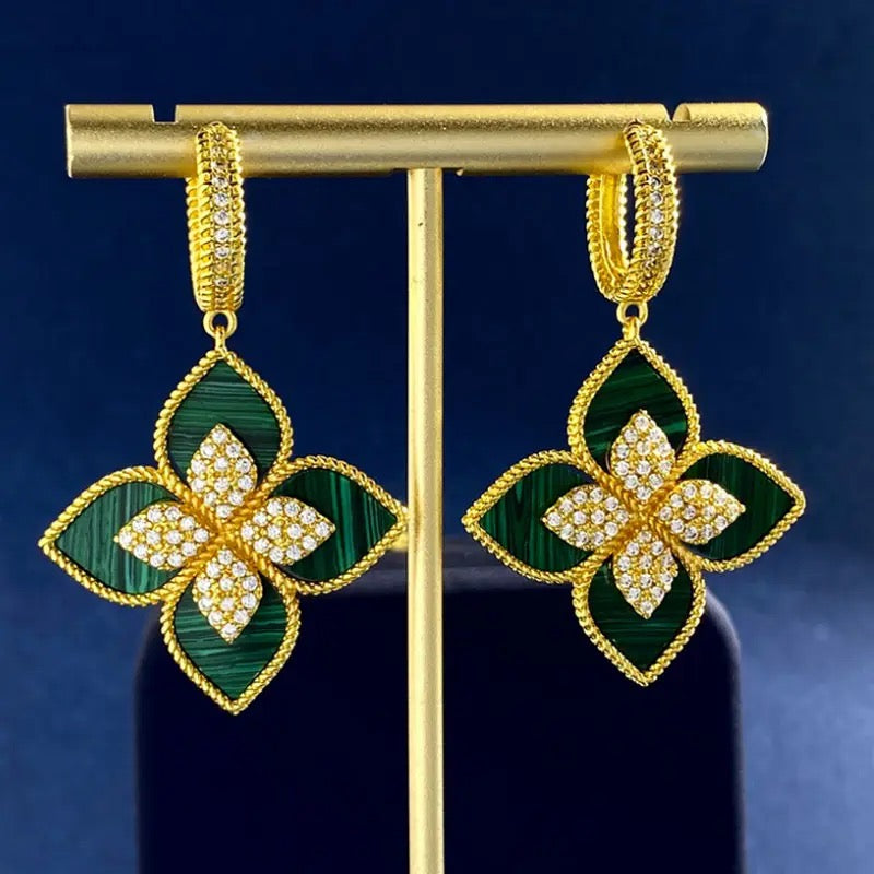 Natural shell agate diamond flower earrings female stereo earrings Peacock green earrings - Tuzzut.com Qatar Online Shopping