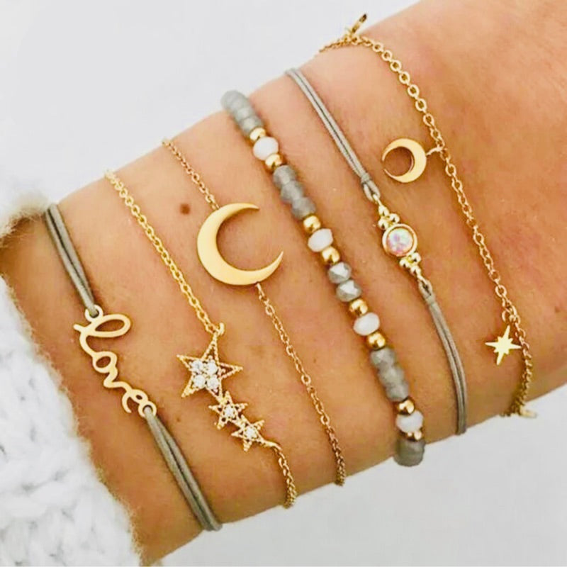 Tocona Boho Love Moon Bracelets for Women Charms Bead Gold Color Star Clear Crystal Stone Letter Rope Jewelry Accessorie - Tuzzut.com Qatar Online Shopping