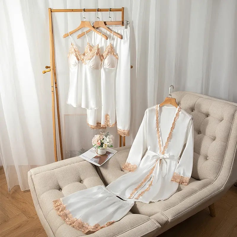 5PCS Sleepwear Sexy Satin Pajamas Women Soft Nightwear Pyjamas Lace Intimate Lingerie Patchwork Robe Kimono Bathrobe Gown Set Size XL / S3639353 78/ HRK4001 - Tuzzut.com Qatar Online Shopping