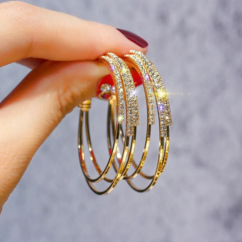 Women Jewelry Multilayer Round Hoop Earrings Shining Gold Color Rhinestone Earrings - S3701770 - Tuzzut.com Qatar Online Shopping