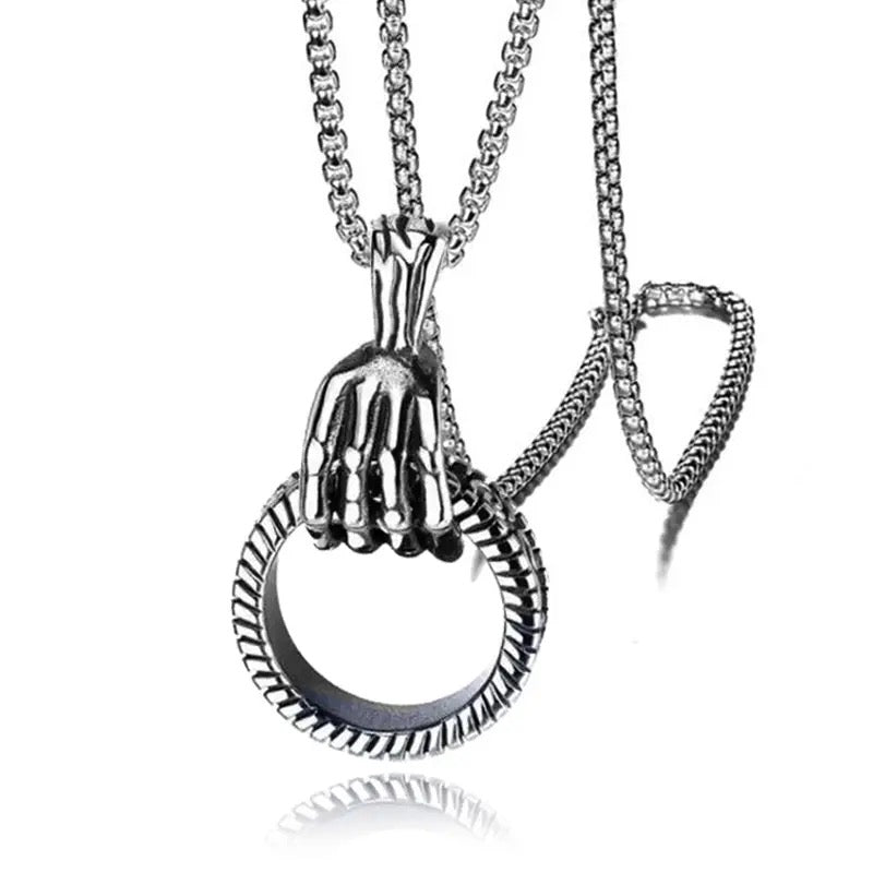 Punk Skull Hand Circle Pendant 3MM Stainless Steel Chain Necklace For Men Male Neck Gothic Jewelry - Tuzzut.com Qatar Online Shopping