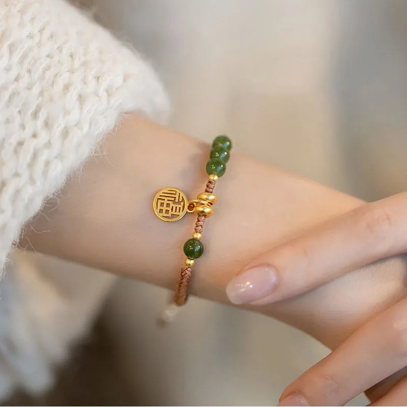 New Round/Chinese Character Natural Hetian Jade Lucky Charm Woven Braided Bracelets for Women Girls Fine Jewelry - Tuzzut.com Qatar Online Shopping