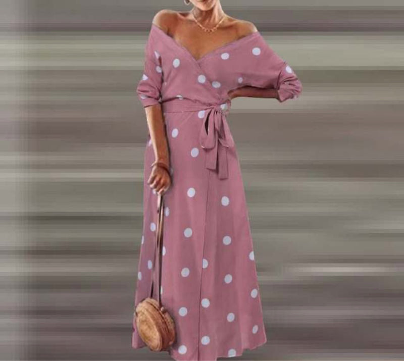 Elegant Women Polka Dot Long Maxi Dress Flamingo Pink Deep V Neck Holiday Party A Line Dresses Size 3XL S3449685 - Tuzzut.com Qatar Online Shopping