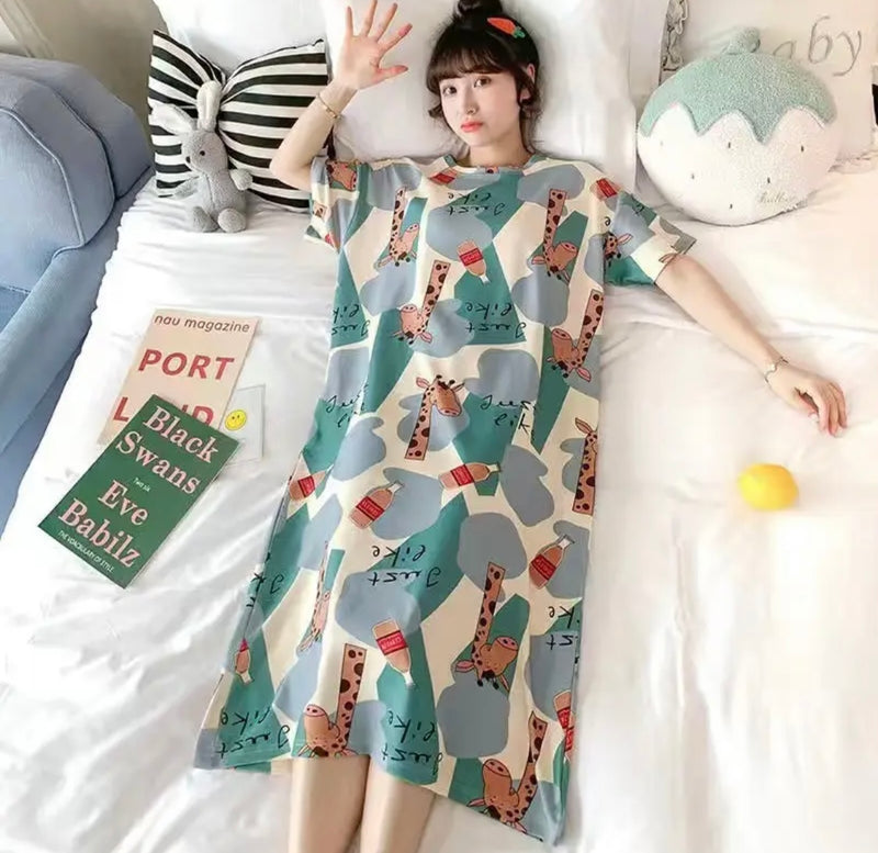 Summer Cute Cartoon Women Sleepwear Thin Short Sleeve Printing Nightdress Women's Nightgown Sleepwear Night Dress Loungewear Size - M  X4625027 - Tuzzut.com Qatar Online Shopping