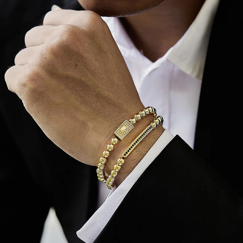 2 Pcs /set Crown Charm Long Tube Men Bracelet Pave CZ Braided Macrame Gold Color Bead Bracelet For Men Jewelry Gift - Tuzzut.com Qatar Online Shopping