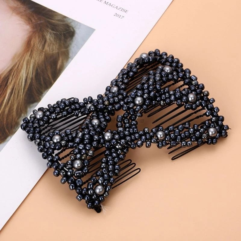 Women Twist Rhombus Beaded Magic Hair Side Combs Jewelry Stretchable Styling Double Clips Hairpins Ponytail Bun Maker - Tuzzut.com Qatar Online Shopping
