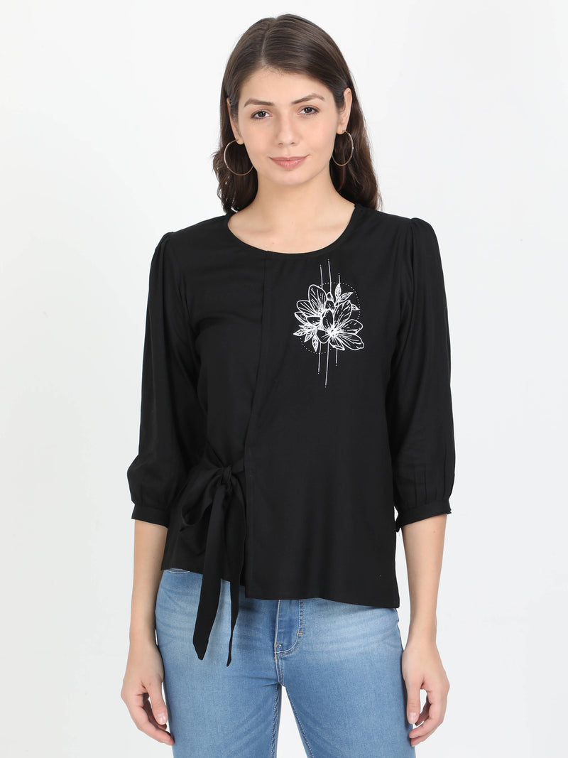 Women Black Single flower print casual Short Top - Tuzzut.com Qatar Online Shopping