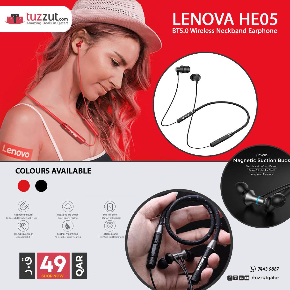 Lenovo HE05 Bluetooth Wireless Neckband Earphone Lenovo HE05 Bluetooth Wireless Neckband Earphone