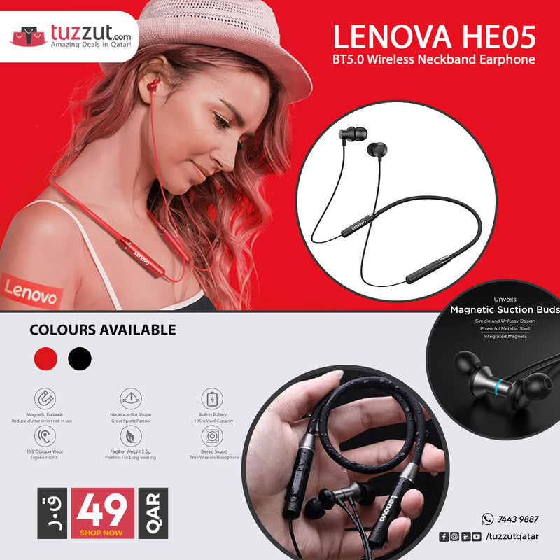 Lenovo HE05 Bluetooth Wireless Neckband Earphone - Tuzzut.com Qatar Online Shopping