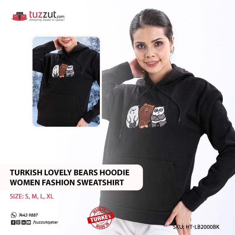 Turkish Lovely Bears Hoodie Women Fashion Sweatshirt - Black - Tuzzut.com Qatar Online Shopping