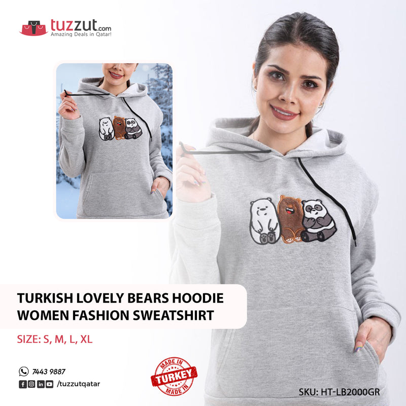 Turkish Lovely Bears Hoodie Women Fashion Sweatshirt - Grey - Tuzzut.com Qatar Online Shopping