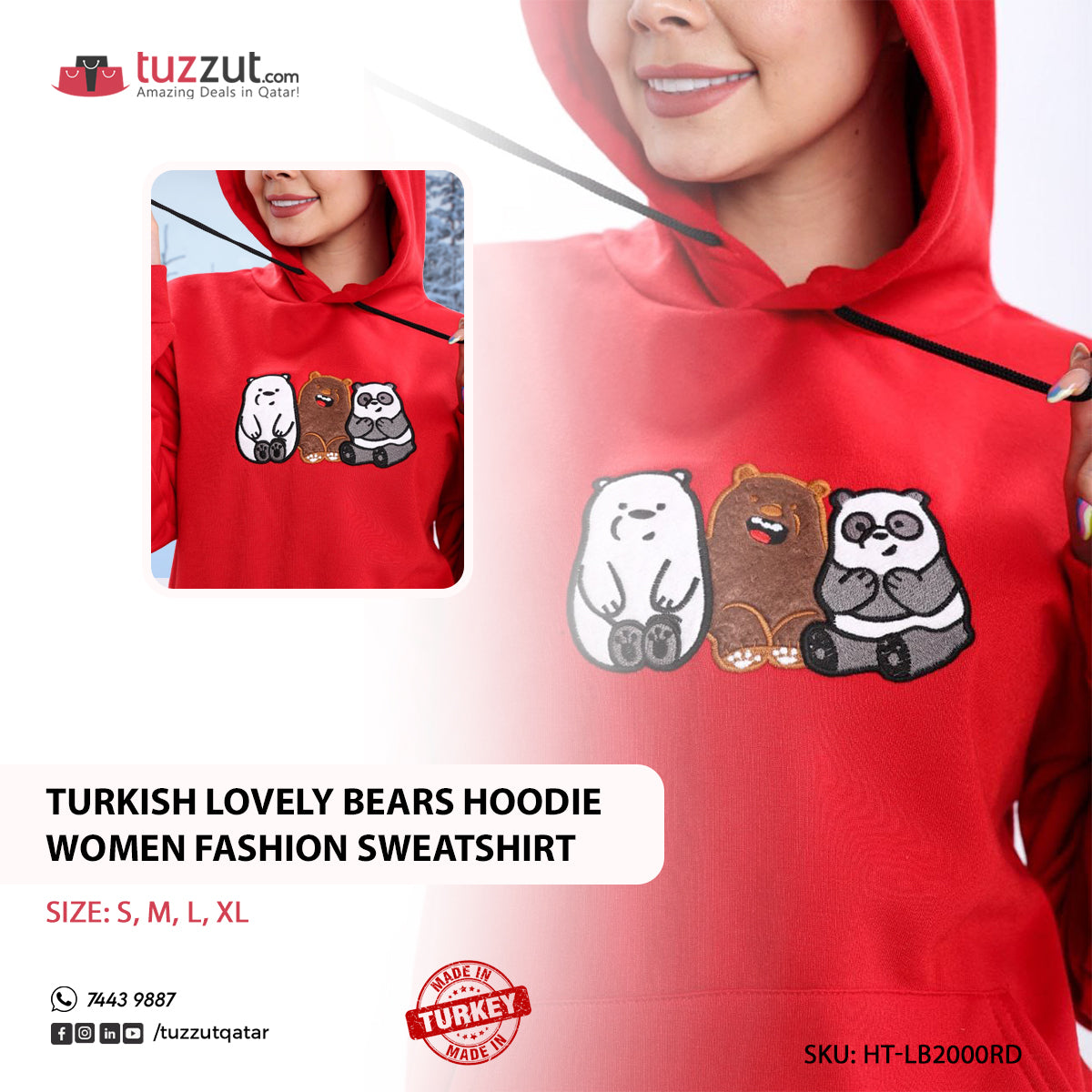 Turkish Lovely Bears Hoodie Women Fashion Sweatshirt - Red Turkish Lovely Bears Hoodie Women Fashion Sweatshirt - Red