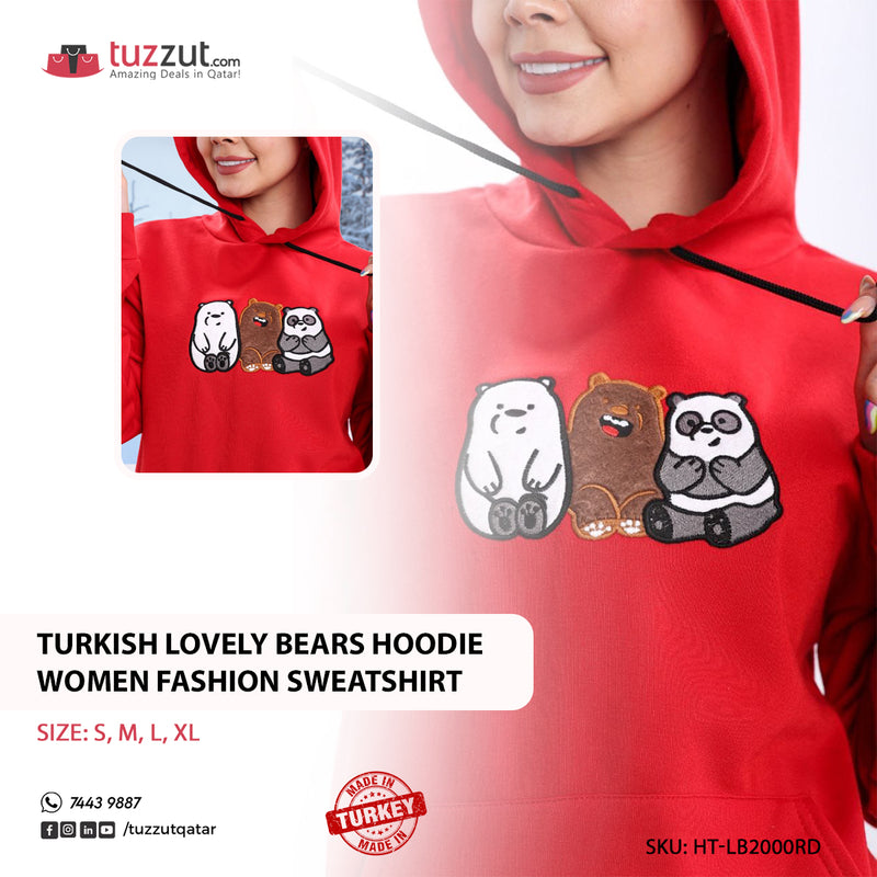 Turkish Lovely Bears Hoodie Women Fashion Sweatshirt - Red - Tuzzut.com Qatar Online Shopping