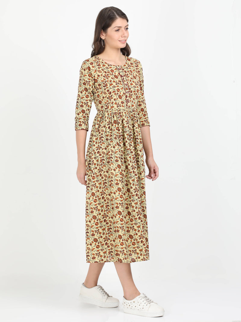 Women Beige Printed Cotton Dress - Tuzzut.com Qatar Online Shopping