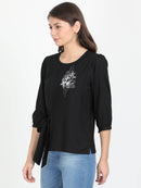 Women Black Single flower print casual Short Top - Tuzzut.com Qatar Online Shopping