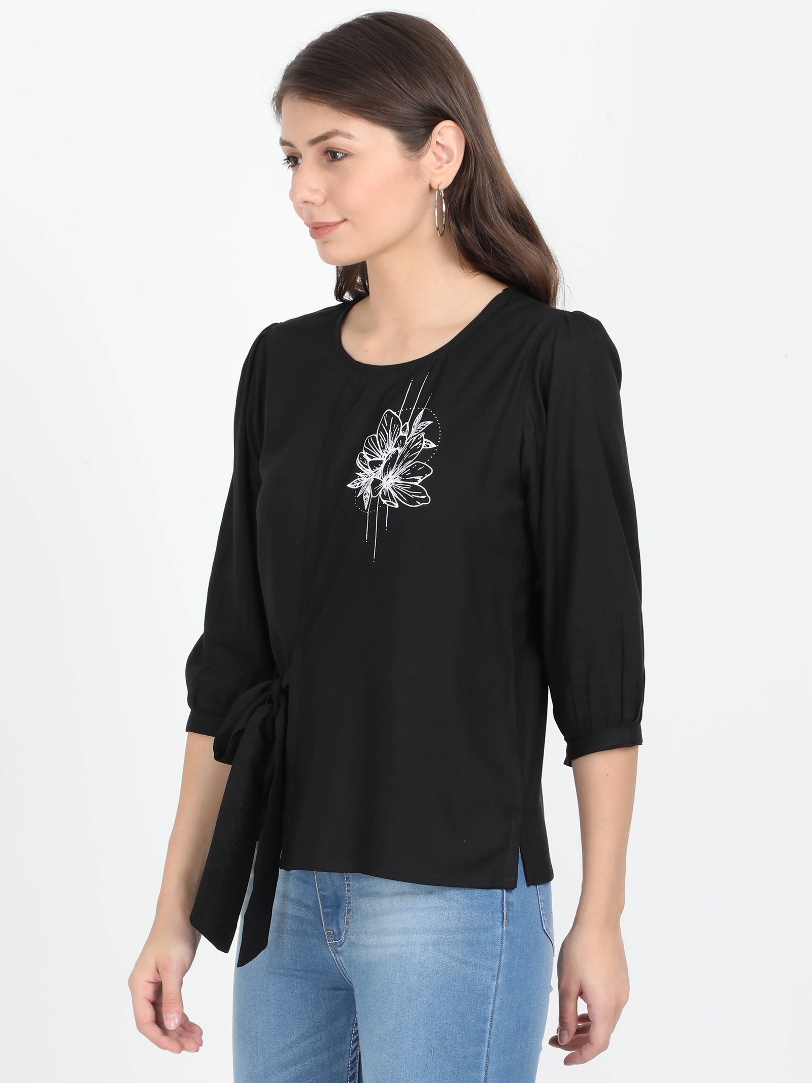 Women Black Single flower print casual Short Top Women Black Single flower print casual Short Top