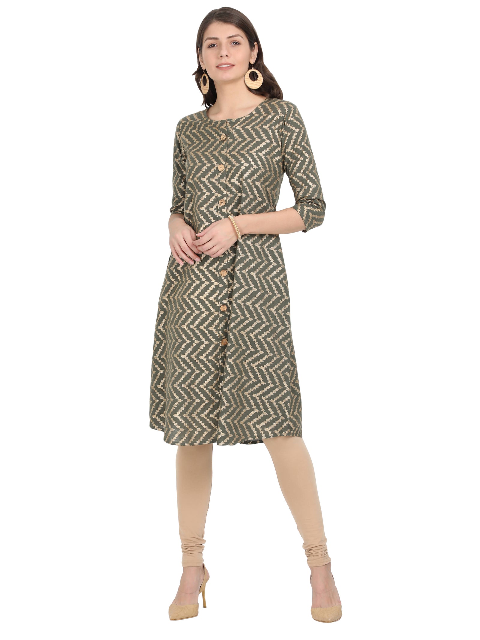 Women Olive Green Printed A-Line Kurta Women Olive Green Printed A-Line Kurta