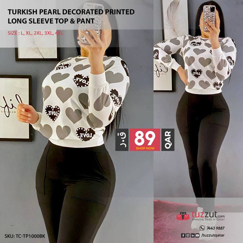Turkish Pearl Decorated Printed  Long Sleeve Top & Pant - Black - Tuzzut.com Qatar Online Shopping