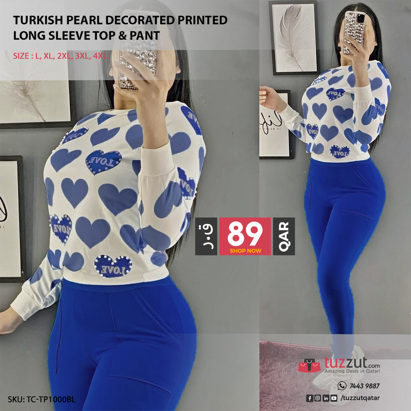 Turkish Pearl Decorated Printed  Long Sleeve Top & Pant - Blue - Tuzzut.com Qatar Online Shopping