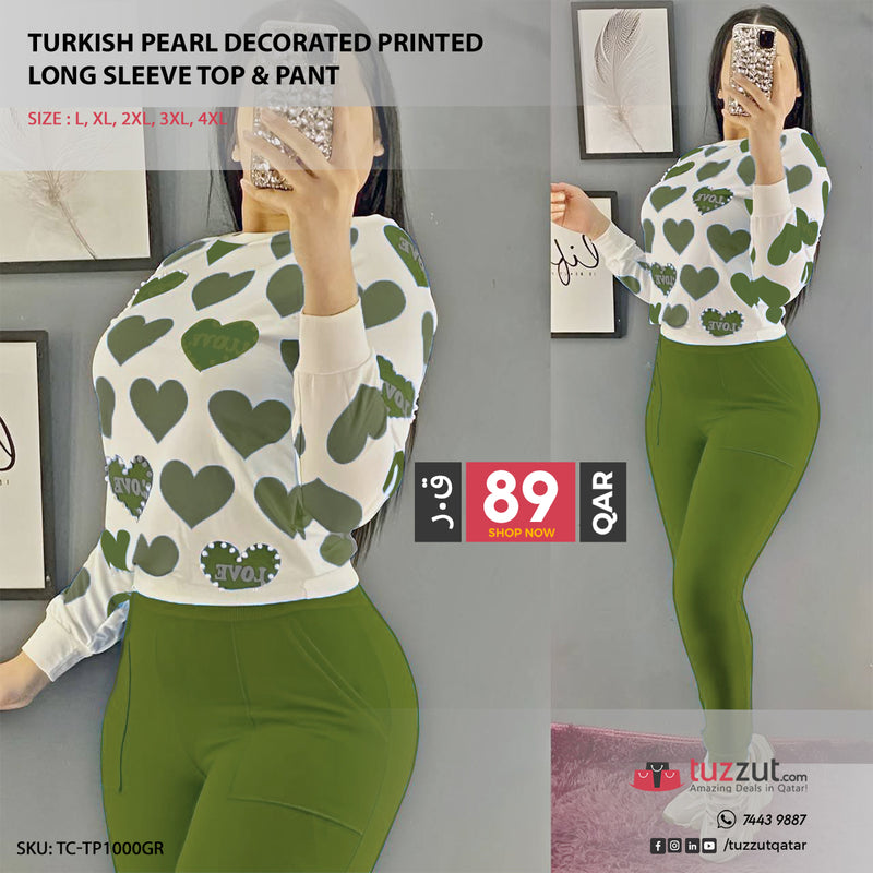 Turkish Pearl Decorated Printed  Long Sleeve Top & Pant - Green - Tuzzut.com Qatar Online Shopping