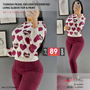 Turkish Pearl Decorated Printed  Long Sleeve Top & Pant - Maroon - Tuzzut.com Qatar Online Shopping