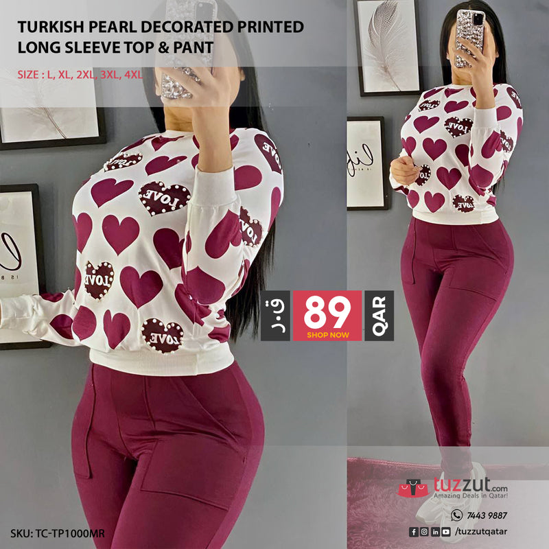 Turkish Pearl Decorated Printed  Long Sleeve Top & Pant - Maroon - Tuzzut.com Qatar Online Shopping